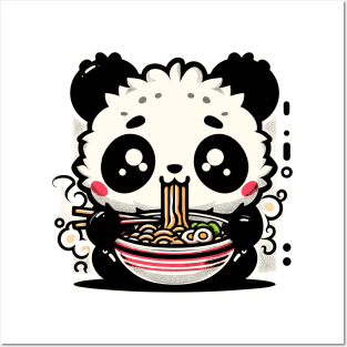 Kawaii retro little panda eat ramen noodles Posters and Art